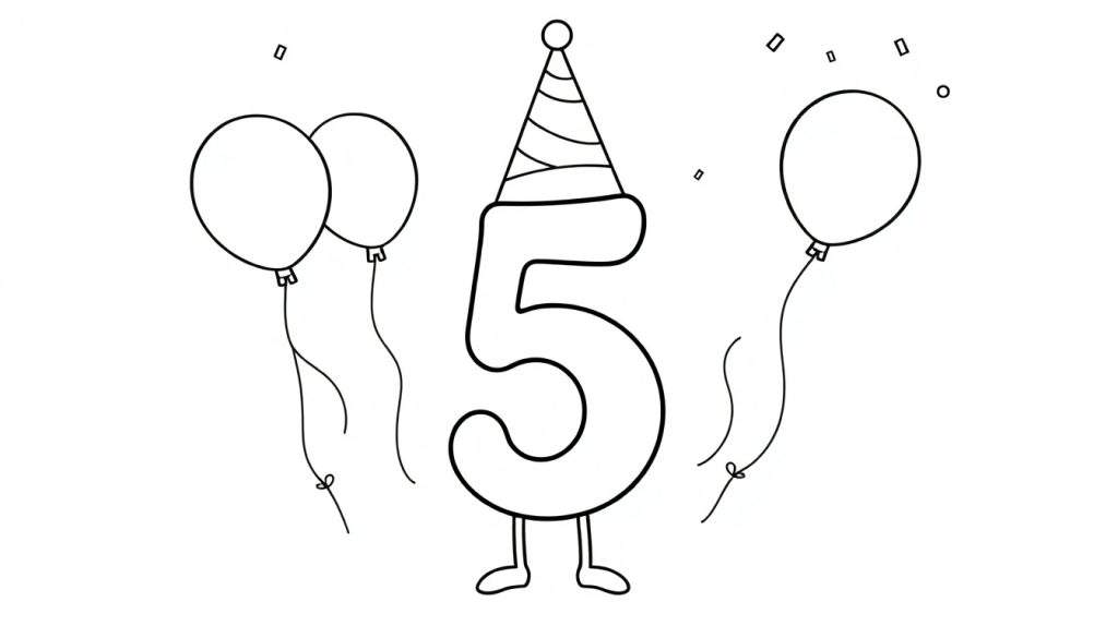 A happy number 5 character with a birthday hat and dangling strings from balloons, in a black and white color panel.