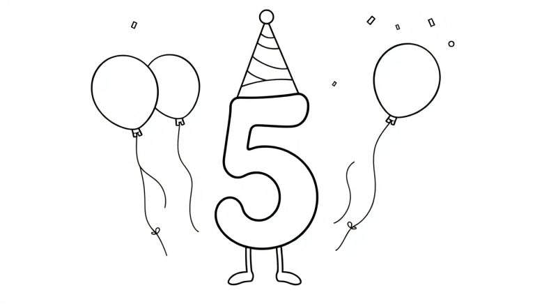A happy number 5 character with a birthday hat and dangling strings from balloons, in a black and white color panel.
