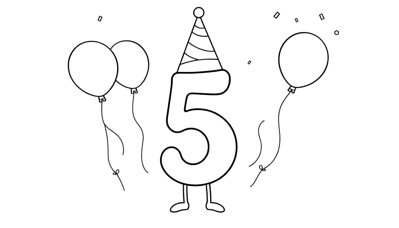 A happy number 5 character with a birthday hat and dangling strings from balloons, in a black and white color panel.