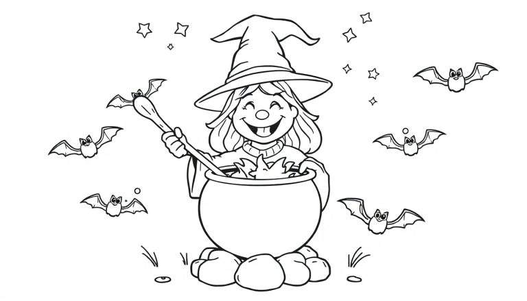 A friendly witch with a gap-toothed smile stirring a cauldron, surrounded by bats and stars, on a color panel.