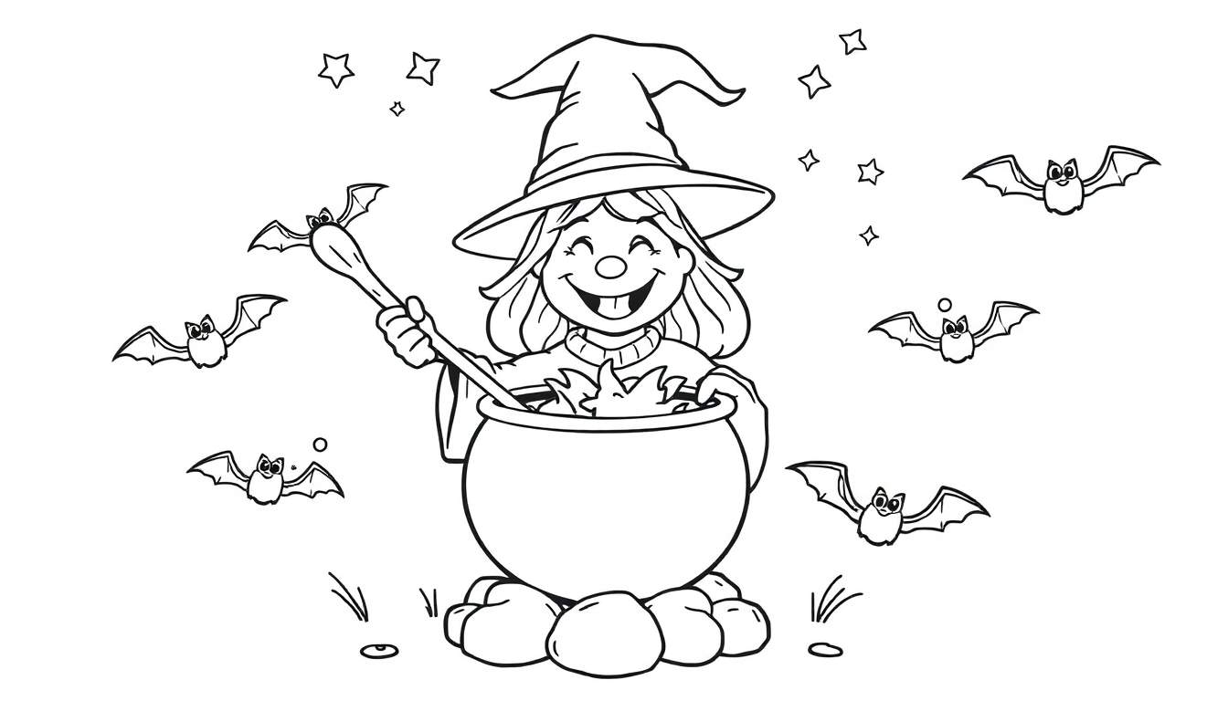 A friendly witch with a gap-toothed smile stirring a cauldron, surrounded by bats and stars, on a color panel.