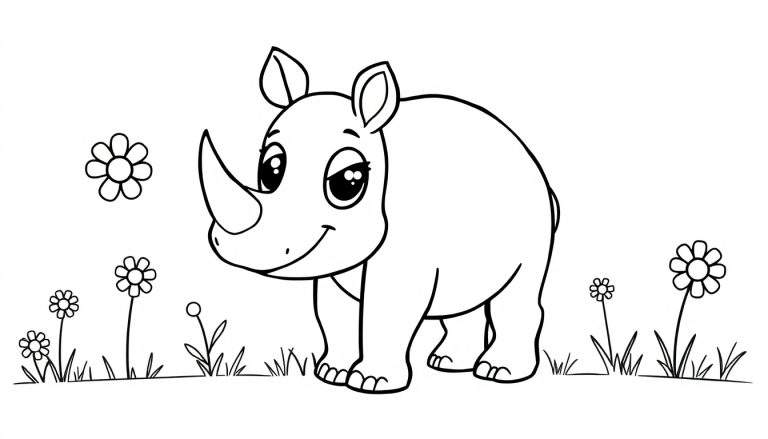 A cute baby rhino with big, friendly eyes playing in a field of flowers, a black and white color panel for coloring.