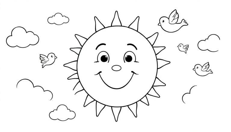 A cheerful black and white drawing of a smiling sun surrounded by fluffy clouds and flying birds, ready for a color panel.