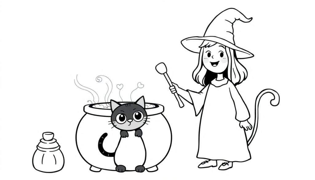 A friendly witch coloring panel, a black cat, and a bubbling cauldron with heart-shaped steam.