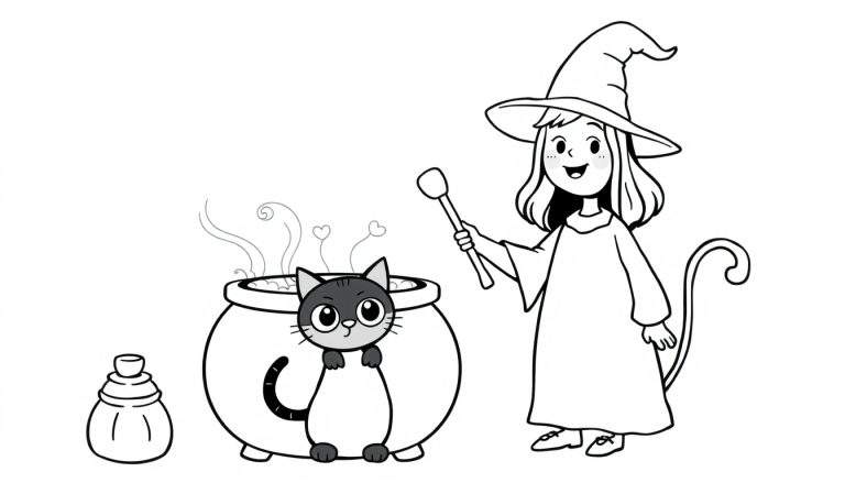 A friendly witch coloring panel, a black cat, and a bubbling cauldron with heart-shaped steam.