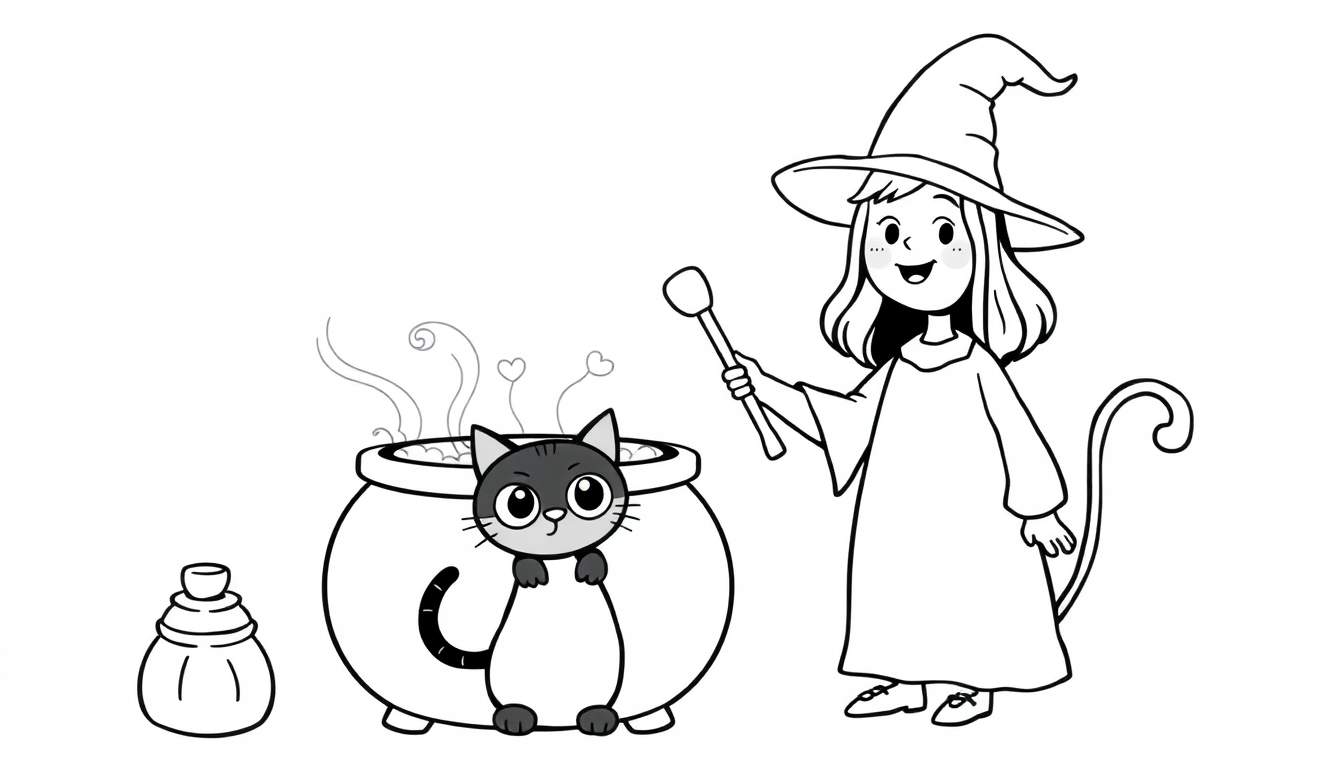 A friendly witch coloring panel, a black cat, and a bubbling cauldron with heart-shaped steam.
