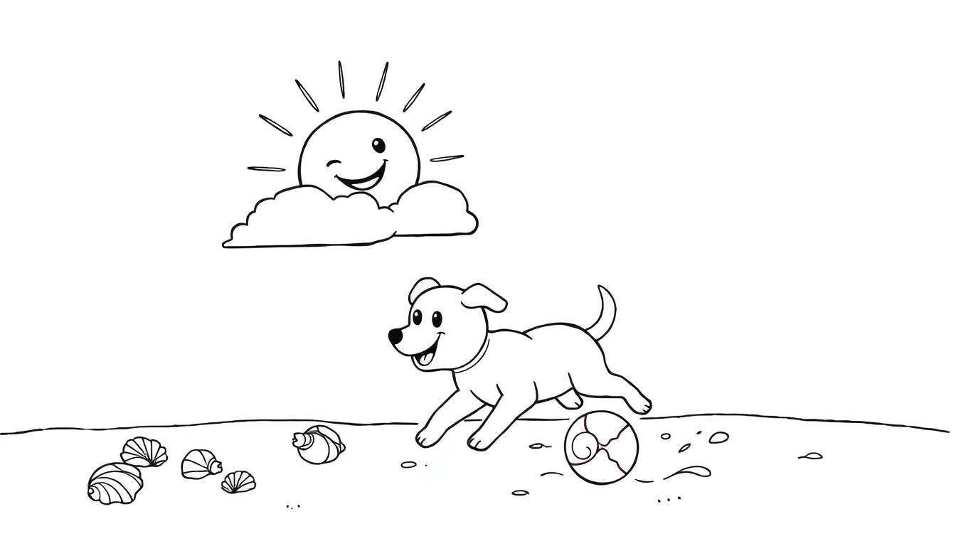 A happy sun smiles over a dog playing on a beach with seashells.
