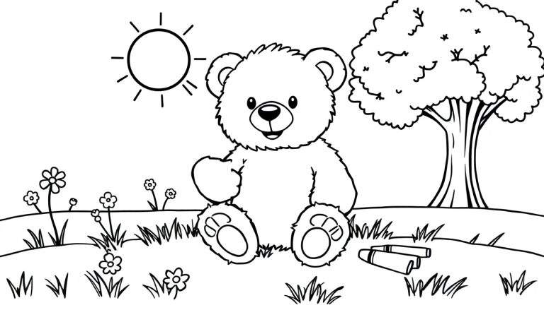 A black and white drawing of a teddy bear in a field, with crayons and daisies, a color panel.