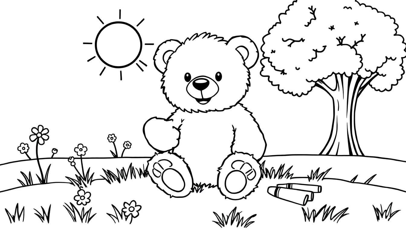 A black and white drawing of a teddy bear in a field, with crayons and daisies, a color panel.