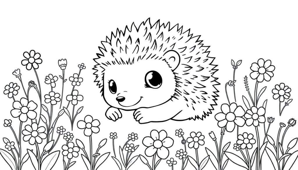A cute cartoon hedgehog nestled amongst flowers, a black and white coloring page, perfect for a color panel.
