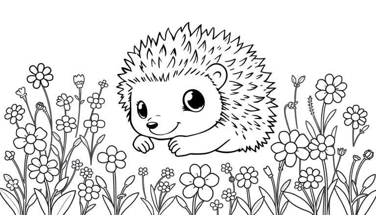 A cute cartoon hedgehog nestled amongst flowers, a black and white coloring page, perfect for a color panel.