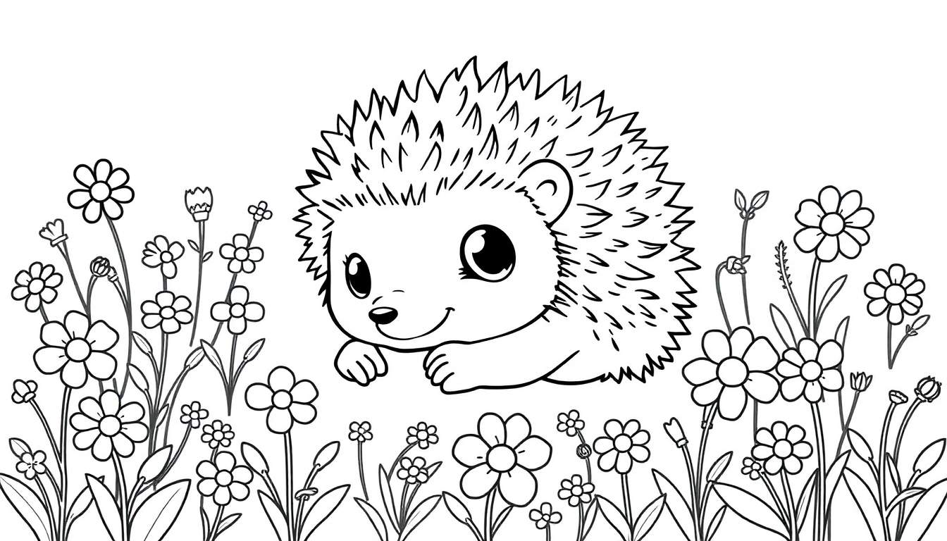 A cute cartoon hedgehog nestled amongst flowers, a black and white coloring page, perfect for a color panel.