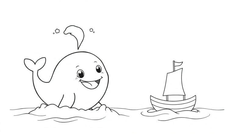 A black and white color panel illustration of a happy cartoon whale and a sailboat.