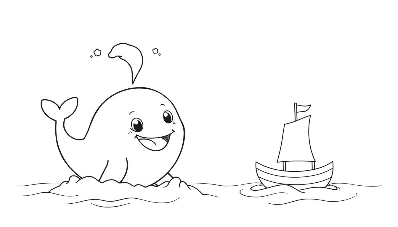 A black and white color panel illustration of a happy cartoon whale and a sailboat.