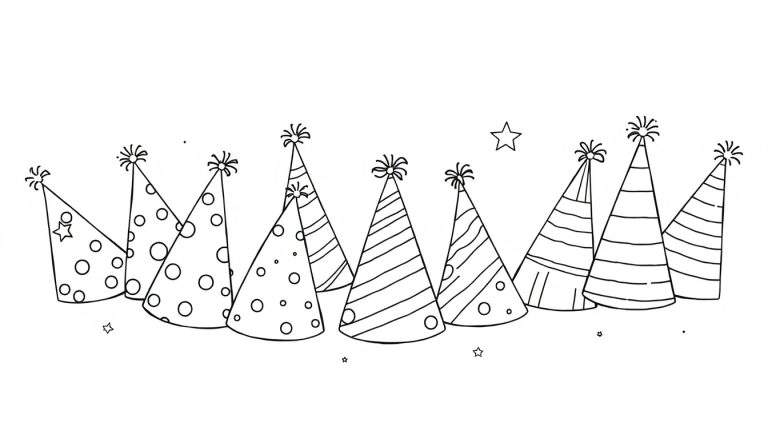 A cute black and white coloring page color panel of fun party hats with polka dots, stripes, and stars.