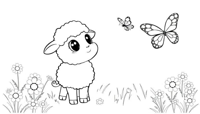 A fluffy sheep in a field ready for a coloring panel.