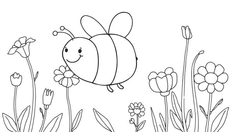A black and white drawing of a happy bee flying among flowers, part of a color panel.