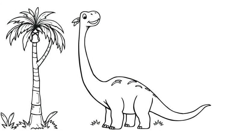 A friendly Brachiosaurus enjoying a leafy treat from a tall palm tree, ready for a color panel adventure.