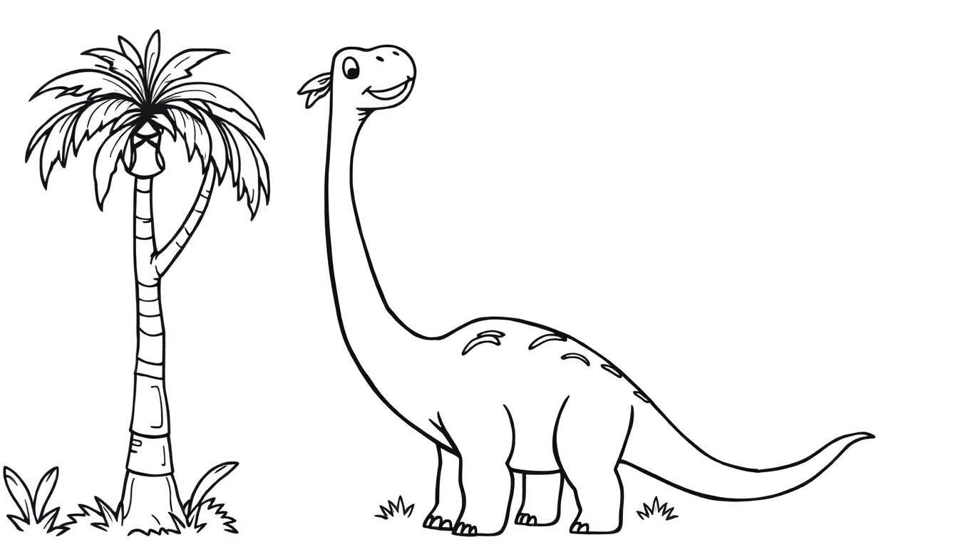 A friendly Brachiosaurus enjoying a leafy treat from a tall palm tree, ready for a color panel adventure.