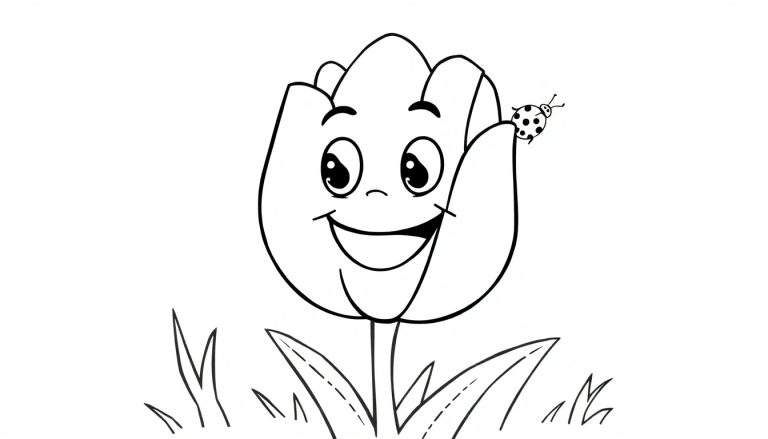 A black and white color panel of a smiling tulip with a ladybug on its petal.