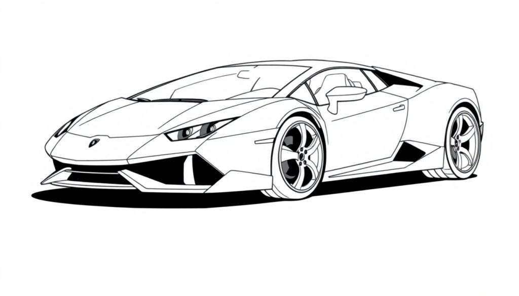 A black and white line drawing of a Lamborghini Huracan, a sports car, ready for a color panel. It has big wheels and a sleek design, perfect for a coloring panel.