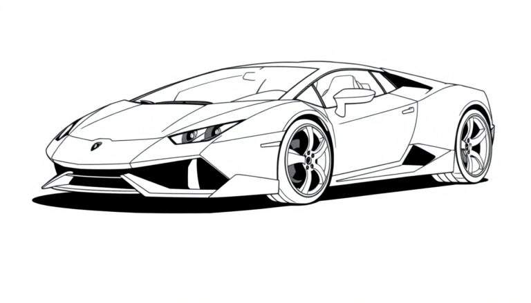 A black and white line drawing of a Lamborghini Huracan, a sports car, ready for a color panel. It has big wheels and a sleek design, perfect for a coloring panel.
