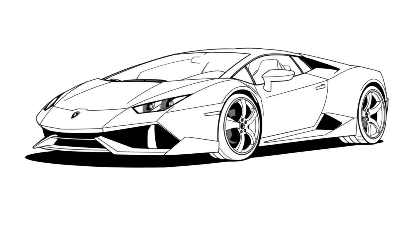 A black and white line drawing of a Lamborghini Huracan, a sports car, ready for a color panel. It has big wheels and a sleek design, perfect for a coloring panel.
