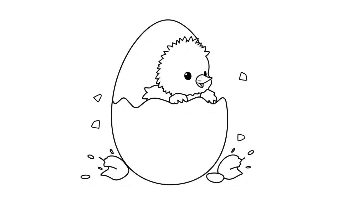 A simple black and white cartoon of a baby chick emerging from a cracked egg with a fluffy body and big eyes.