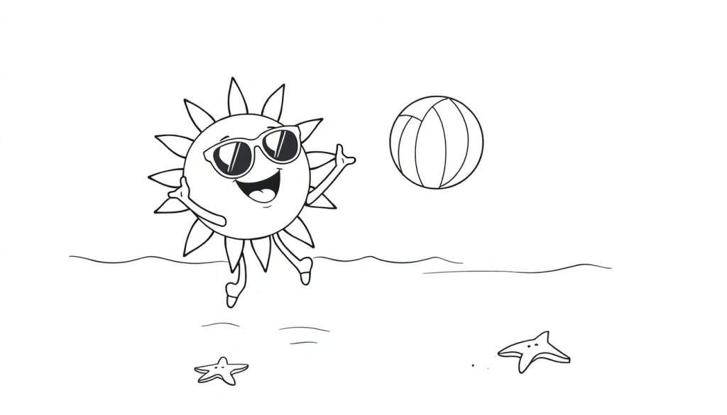 A happy sun jumping for a beach ball, a black and white coloring page with a color panel.