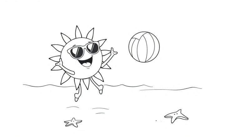A happy sun jumping for a beach ball, a black and white coloring page with a color panel.