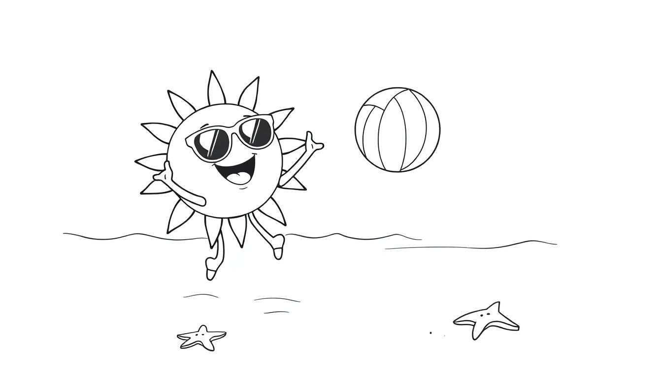 A happy sun jumping for a beach ball, a black and white coloring page with a color panel.