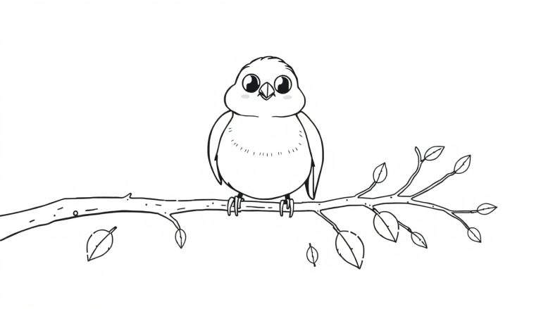 A cheerful robin ready for coloring in a color panel, with a branch and leaves.