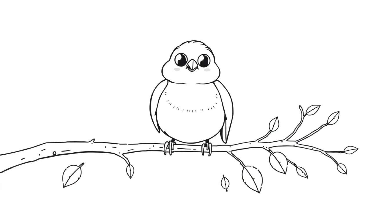 A cheerful robin ready for coloring in a color panel, with a branch and leaves.