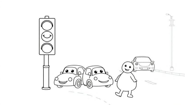 A friendly traffic light with a smiling face, two smiling cars, and a smiling pedestrian on a crosswalk, all in a black and white color panel.