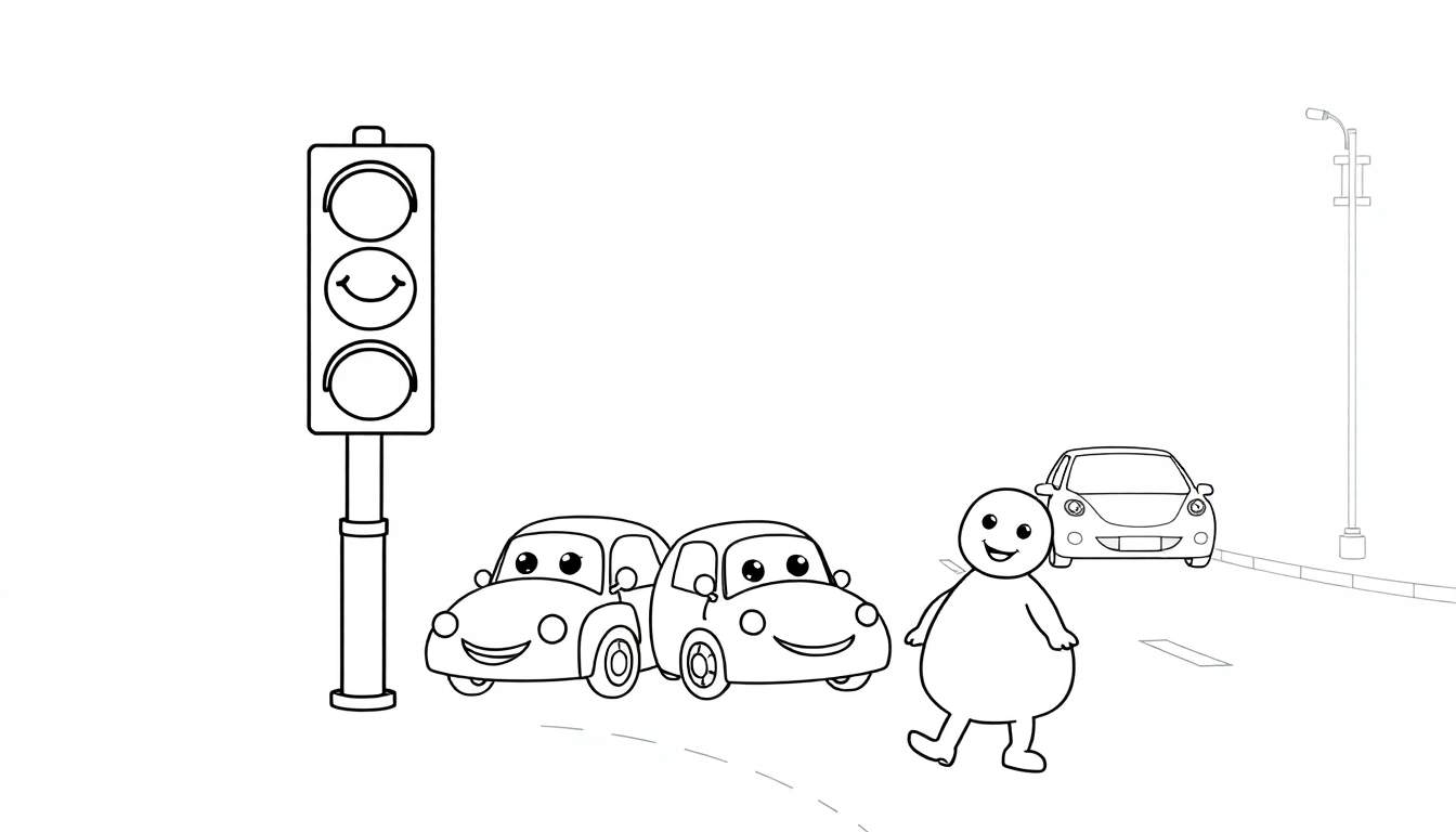 A friendly traffic light with a smiling face, two smiling cars, and a smiling pedestrian on a crosswalk, all in a black and white color panel.