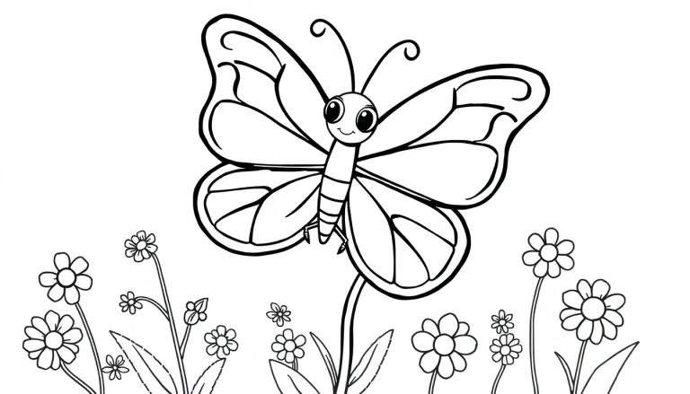 A happy cartoon butterfly on a flower, part of a color panel.