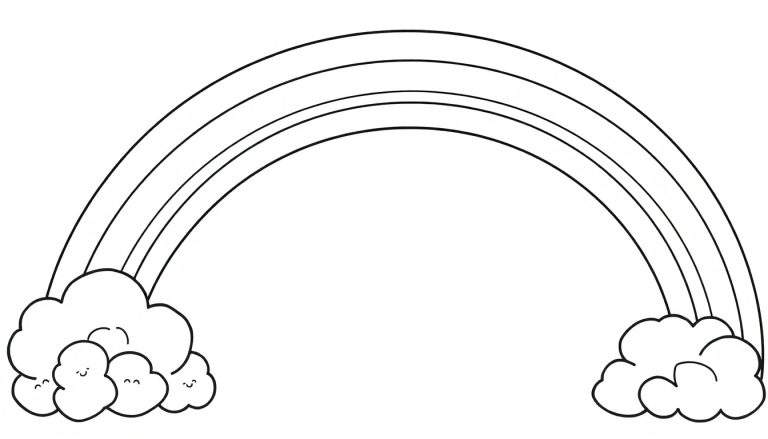 A cheerful black and white color panel of a rainbow with fluffy clouds, ready for coloring.