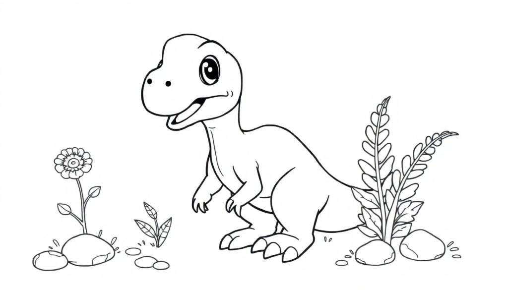 A cute baby velociraptor coloring panel in a black and white cartoon jungle.