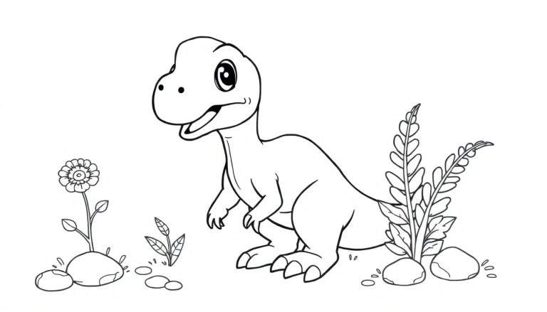 A cute baby velociraptor coloring panel in a black and white cartoon jungle.