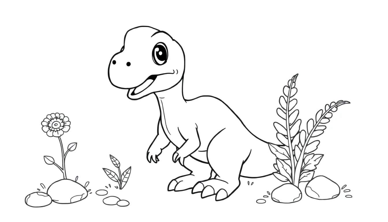 A cute baby velociraptor coloring panel in a black and white cartoon jungle.