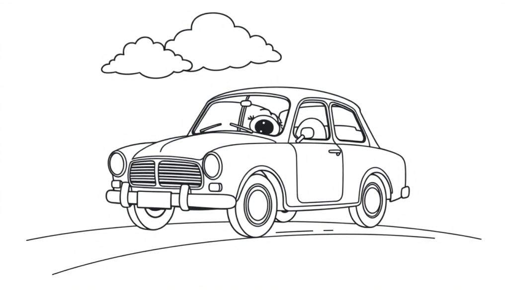 A happy cartoon Volvo car on a road with clouds, ready for coloring on this color panel.
