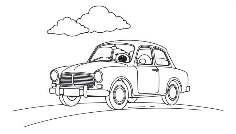 A happy cartoon Volvo car on a road with clouds, ready for coloring on this color panel.