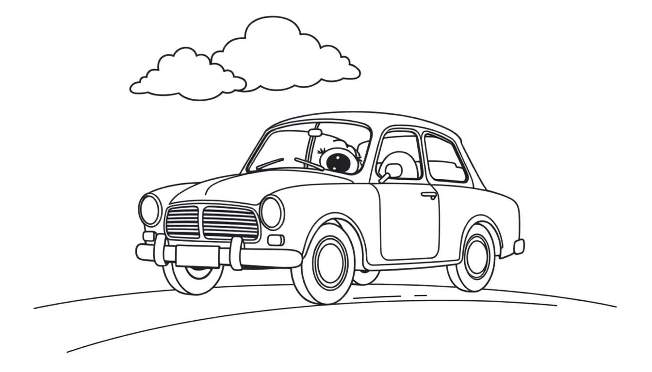 A happy cartoon Volvo car on a road with clouds, ready for coloring on this color panel.