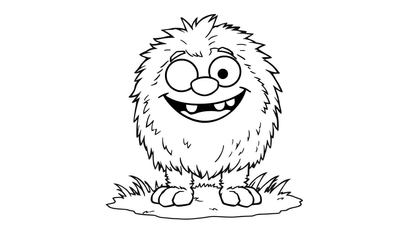 A fluffy black and white monster with spiky fur, a big smile, and one winking eye, standing on grass.