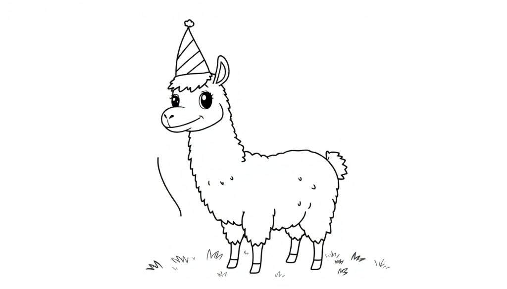 A black and white cartoon llama wearing a party hat and smiling, on a grass color panel.