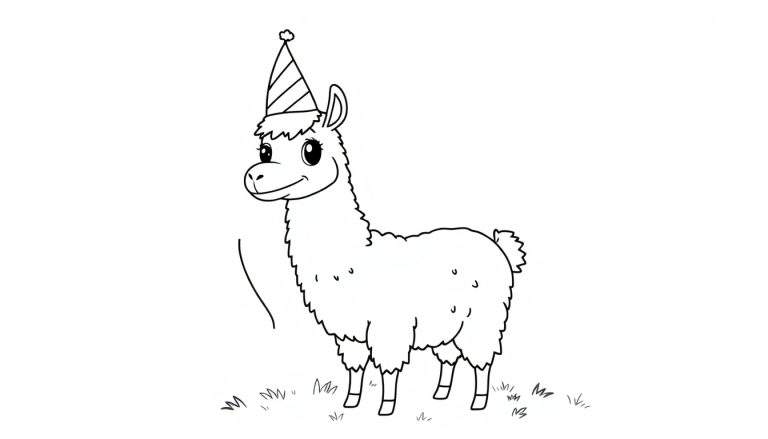 A black and white cartoon llama wearing a party hat and smiling, on a grass color panel.