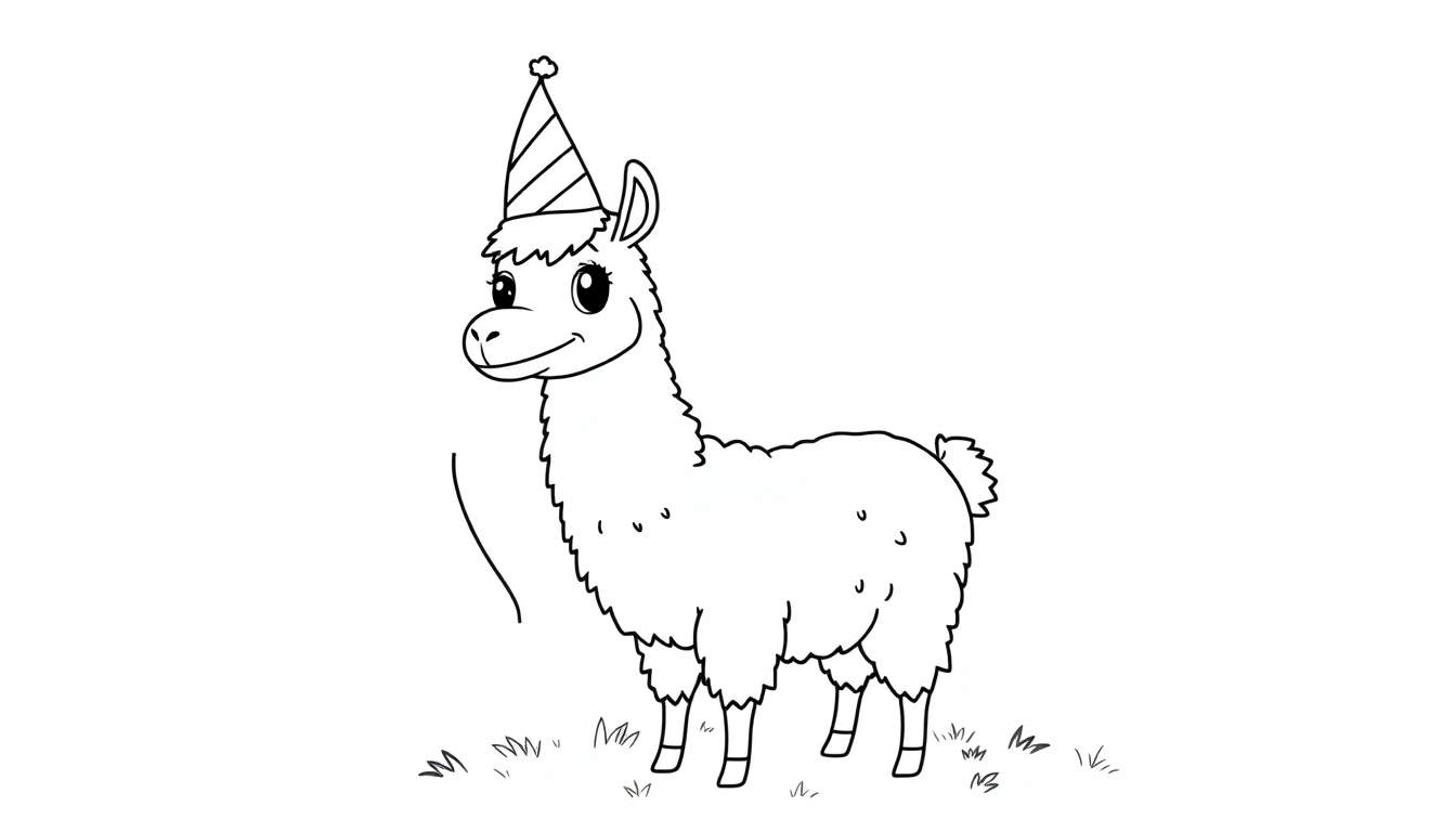 A black and white cartoon llama wearing a party hat and smiling, on a grass color panel.