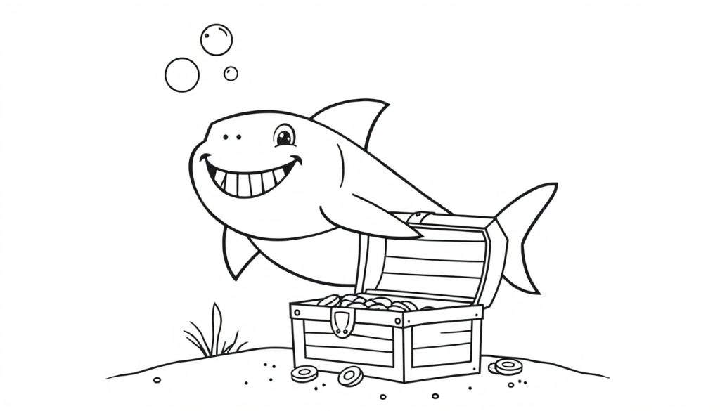A smiling shark swims near a treasure chest overflowing with gold coins, on a sandy seabed with some seaweed. This is a black and white color panel for kids.
