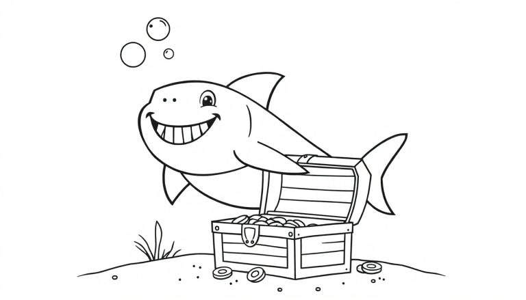A smiling shark swims near a treasure chest overflowing with gold coins, on a sandy seabed with some seaweed. This is a black and white color panel for kids.