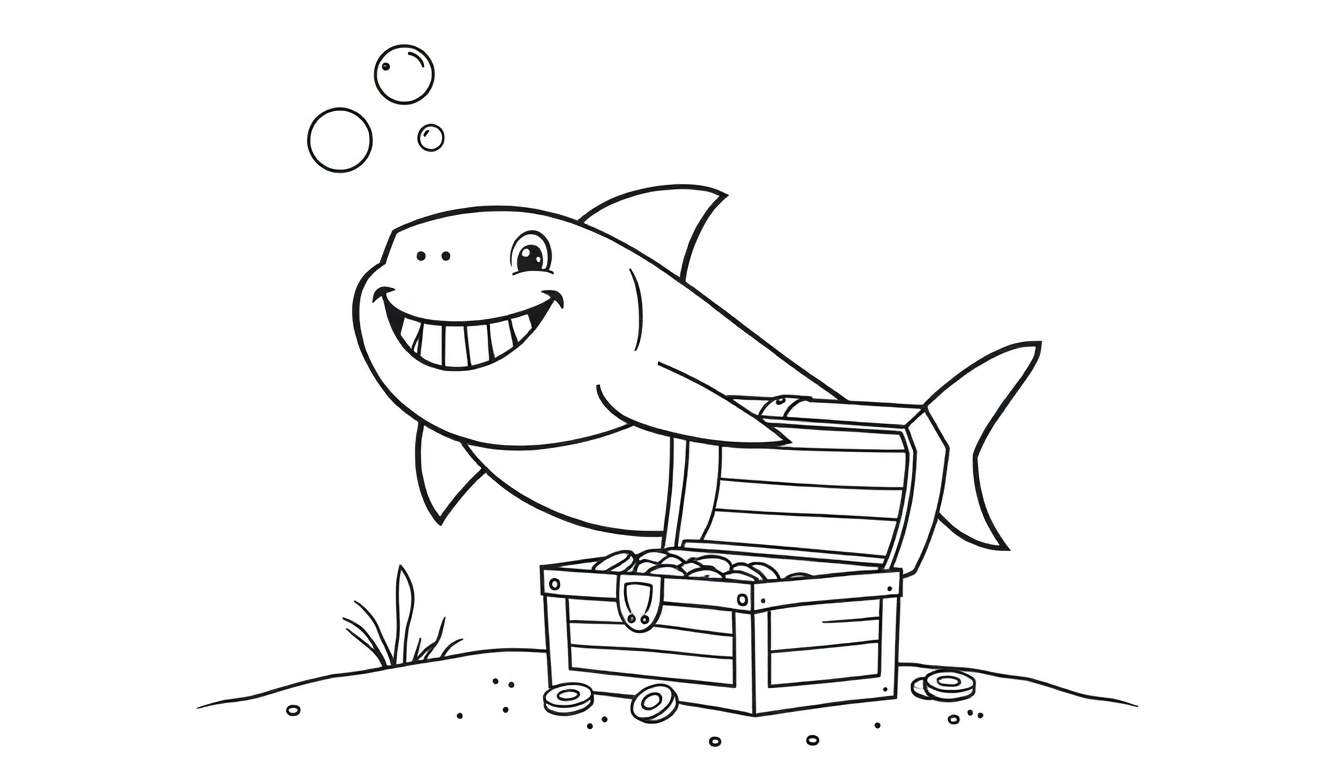 A smiling shark swims near a treasure chest overflowing with gold coins, on a sandy seabed with some seaweed. This is a black and white color panel for kids.